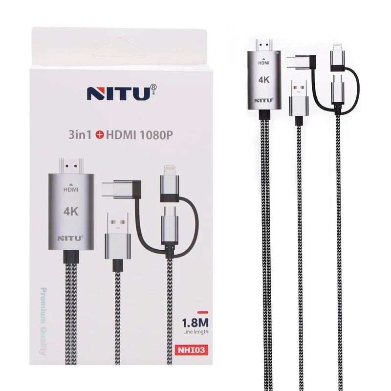 کابل تبدیل HDMI به لایتنینگ / microUSB/ USB-C نیتو مدل NHI03 طول 1٫8 متر