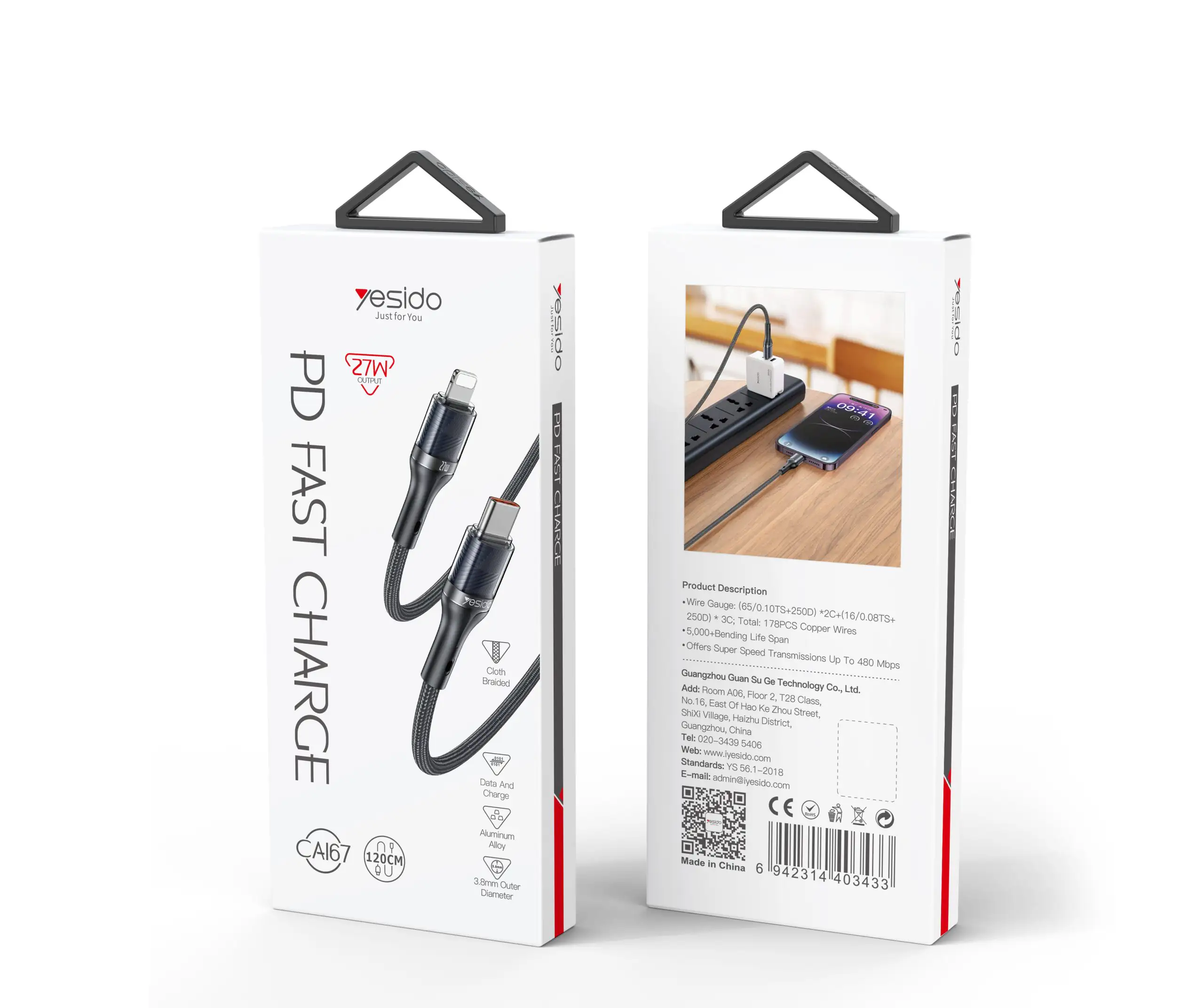 کابل تایپسی به لایتنینگ یسیدو YESIDO CA167 طول 1.2متر 27w